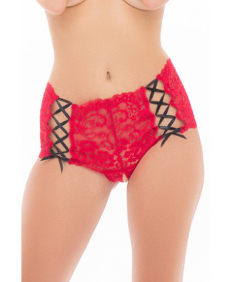 Shorty rouge en dentelle et rubans entrecroisés noir sur les côtés 